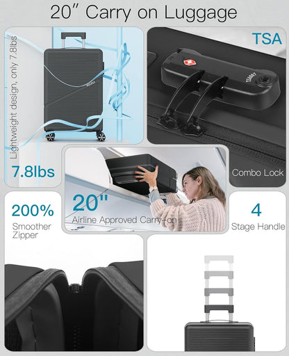 Carry On Luggage Airline Approved 20 Inch Hardside Suitcase with Spinner Wheels, Lightweight PC Rolling Luggage with TSA Lock & USB Charging Port for Travel