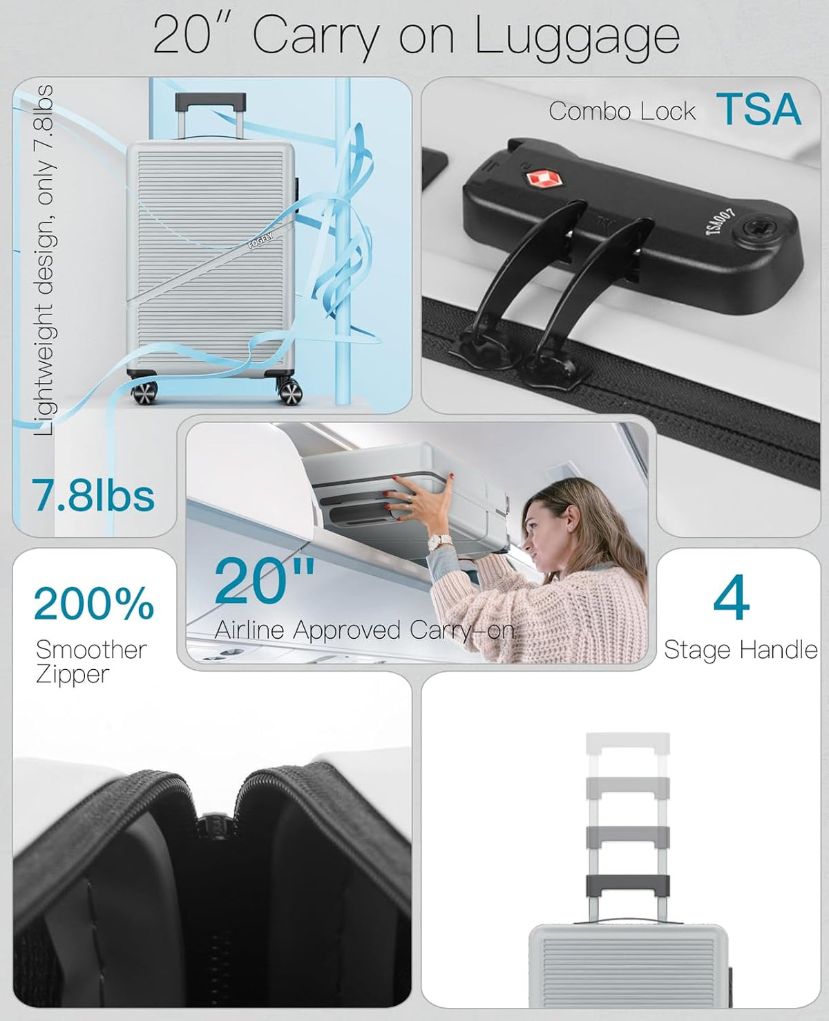 Carry On Luggage Airline Approved 20 Inch Hardside Suitcase with Spinner Wheels, Lightweight PC Rolling Luggage with TSA Lock & USB Charging Port for Travel