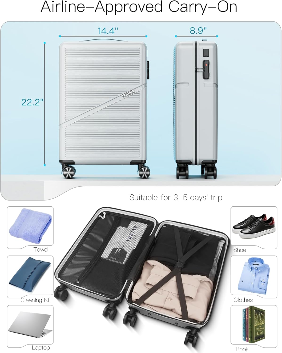 Carry On Luggage Airline Approved 20 Inch Hardside Suitcase with Spinner Wheels, Lightweight PC Rolling Luggage with TSA Lock & USB Charging Port for Travel