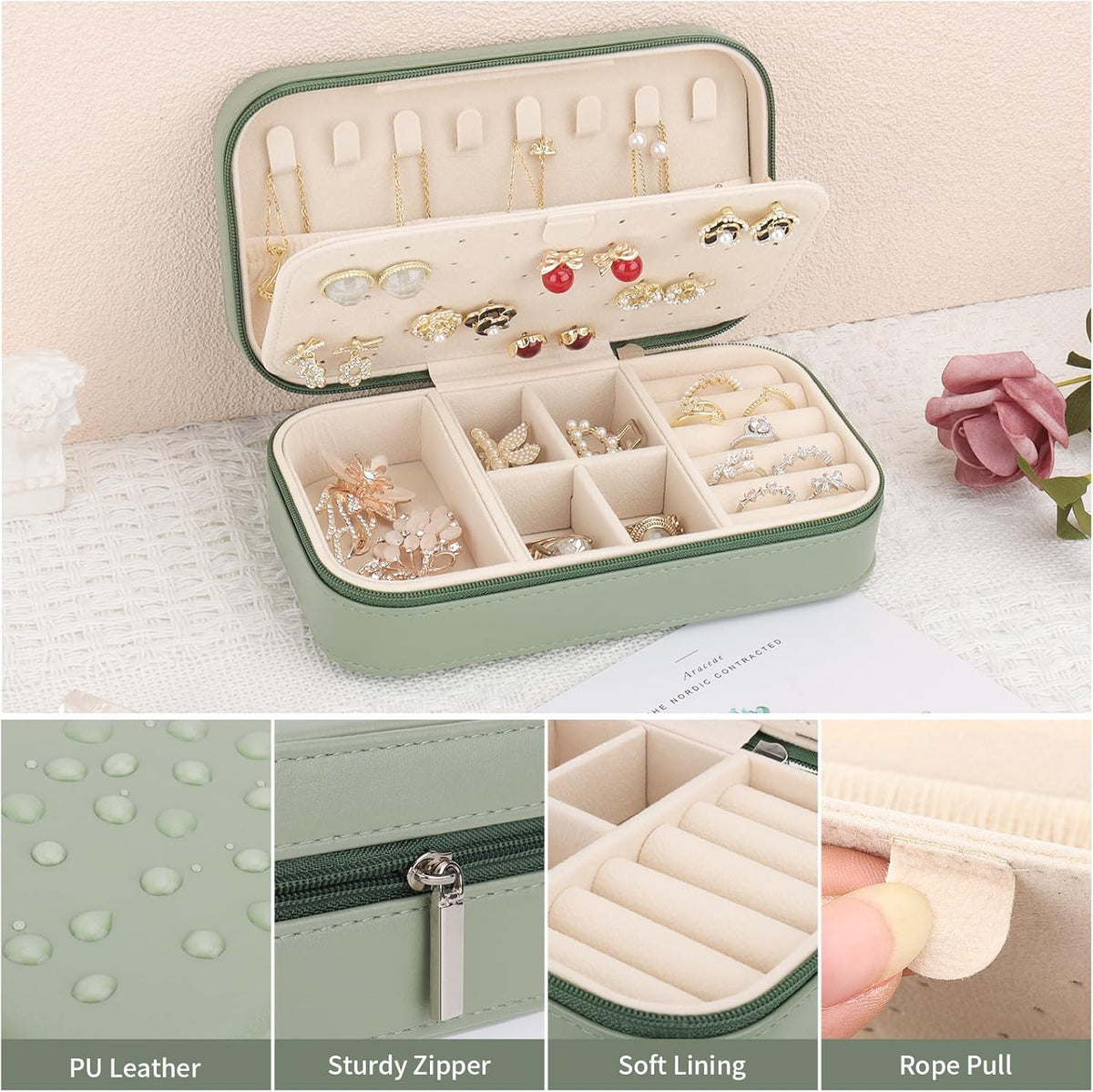 Travel Jewelry Box, PU Leather Portable Jewelry Case, Small Jewelry Boxes for Gifts, Travel Jewelry Organizer for Women Rings Earrings Necklaces Bracelets (Gray)