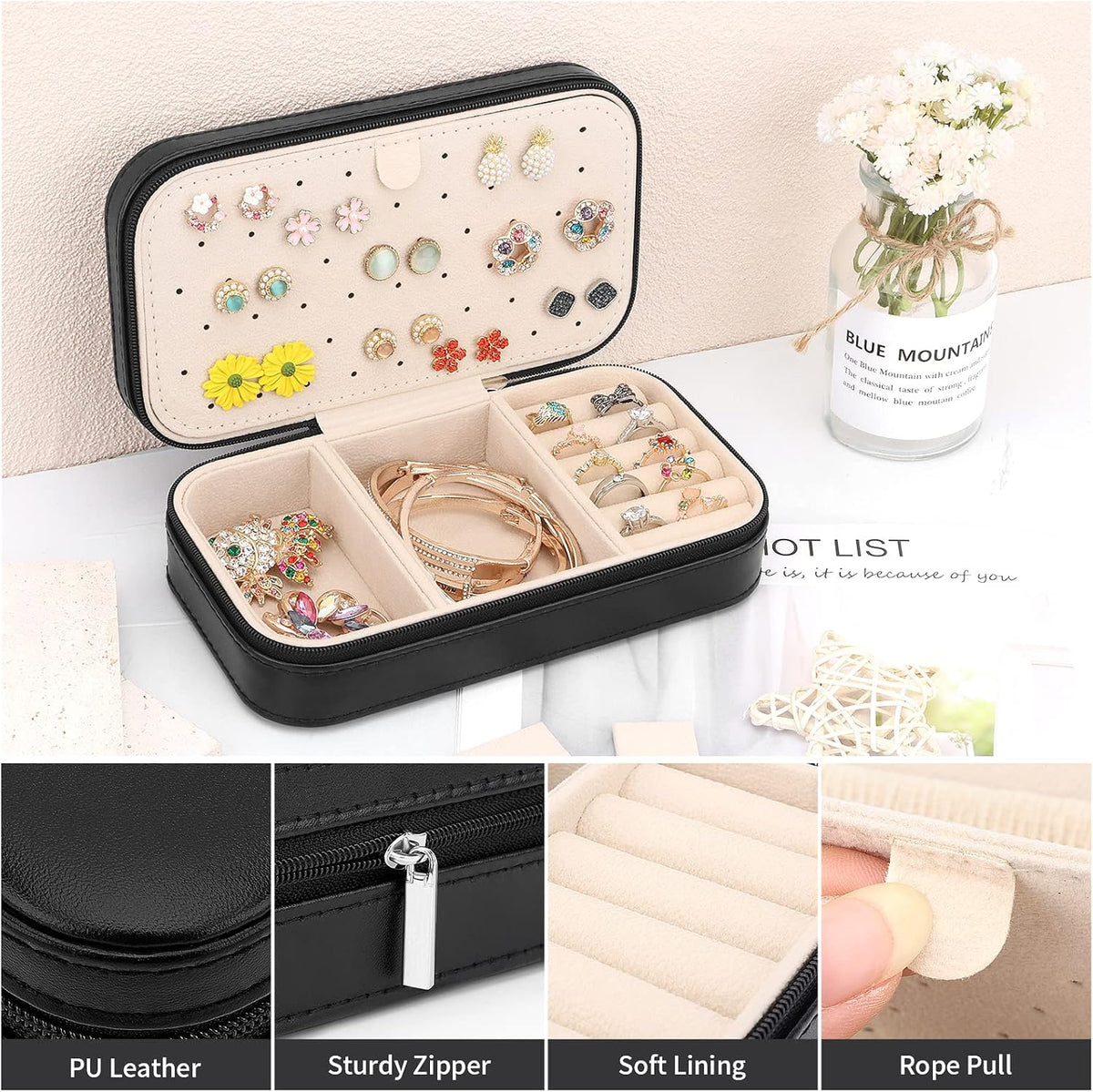 Travel Jewelry Box, PU Leather Portable Jewelry Case, Small Jewelry Boxes for Gifts, Travel Jewelry Organizer for Women Rings Earrings Necklaces Bracelets (Gray)