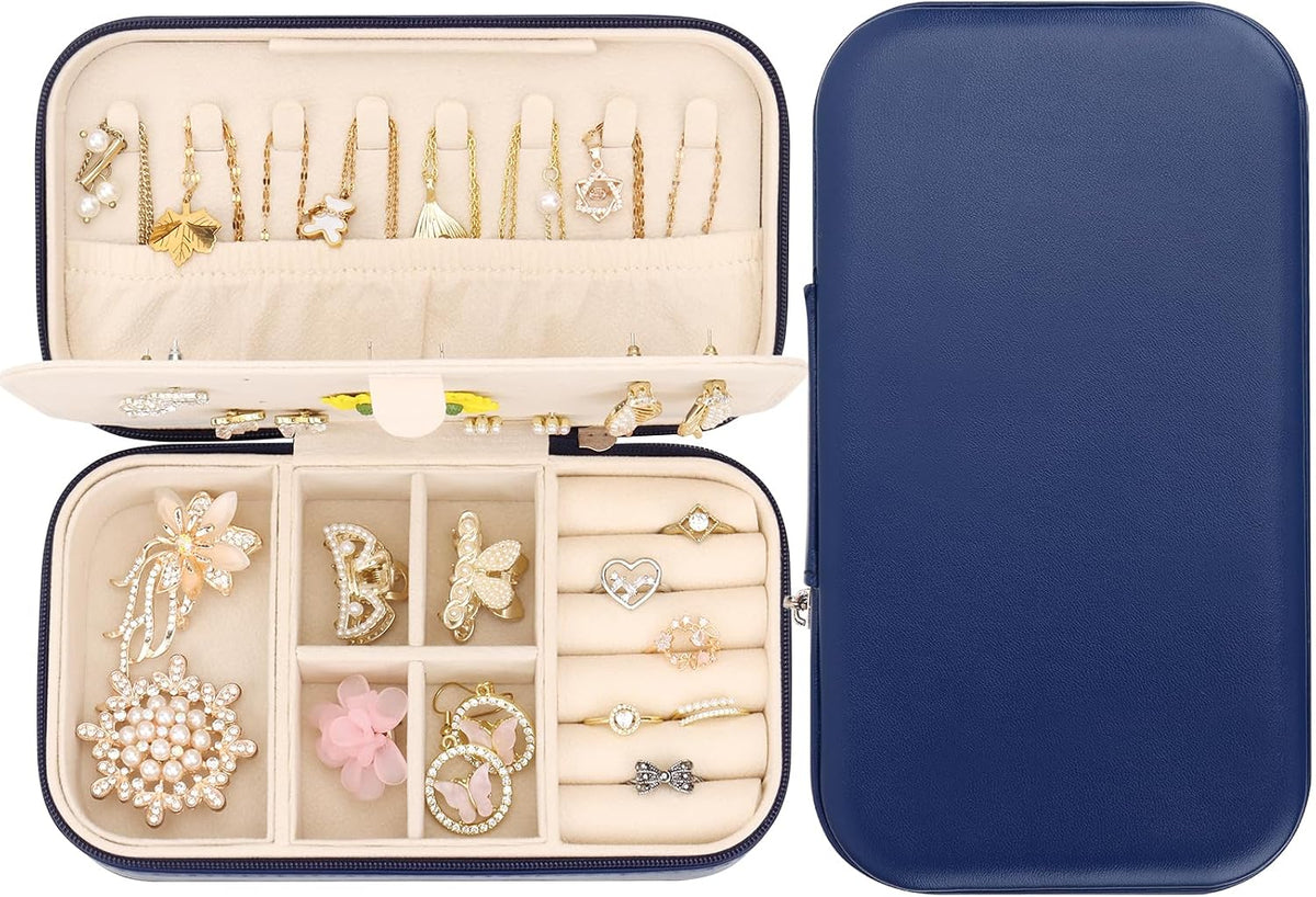 Travel Jewelry Box, PU Leather Portable Jewelry Case, Small Jewelry Boxes for Gifts, Travel Jewelry Organizer for Women Rings Earrings Necklaces Bracelets (Gray)
