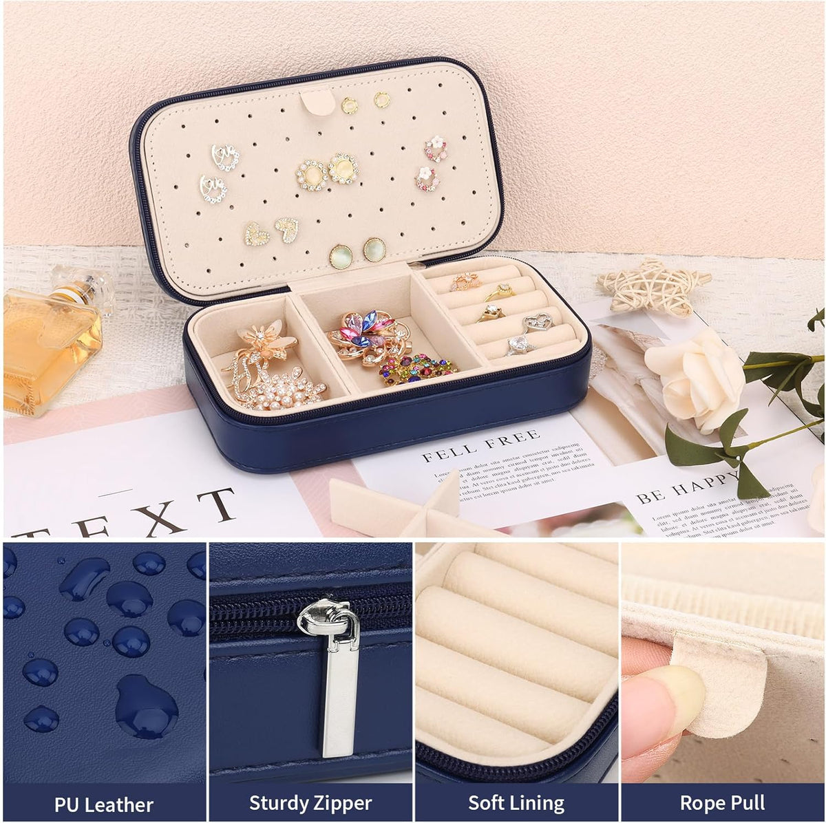 Travel Jewelry Box, PU Leather Portable Jewelry Case, Small Jewelry Boxes for Gifts, Travel Jewelry Organizer for Women Rings Earrings Necklaces Bracelets (Gray)