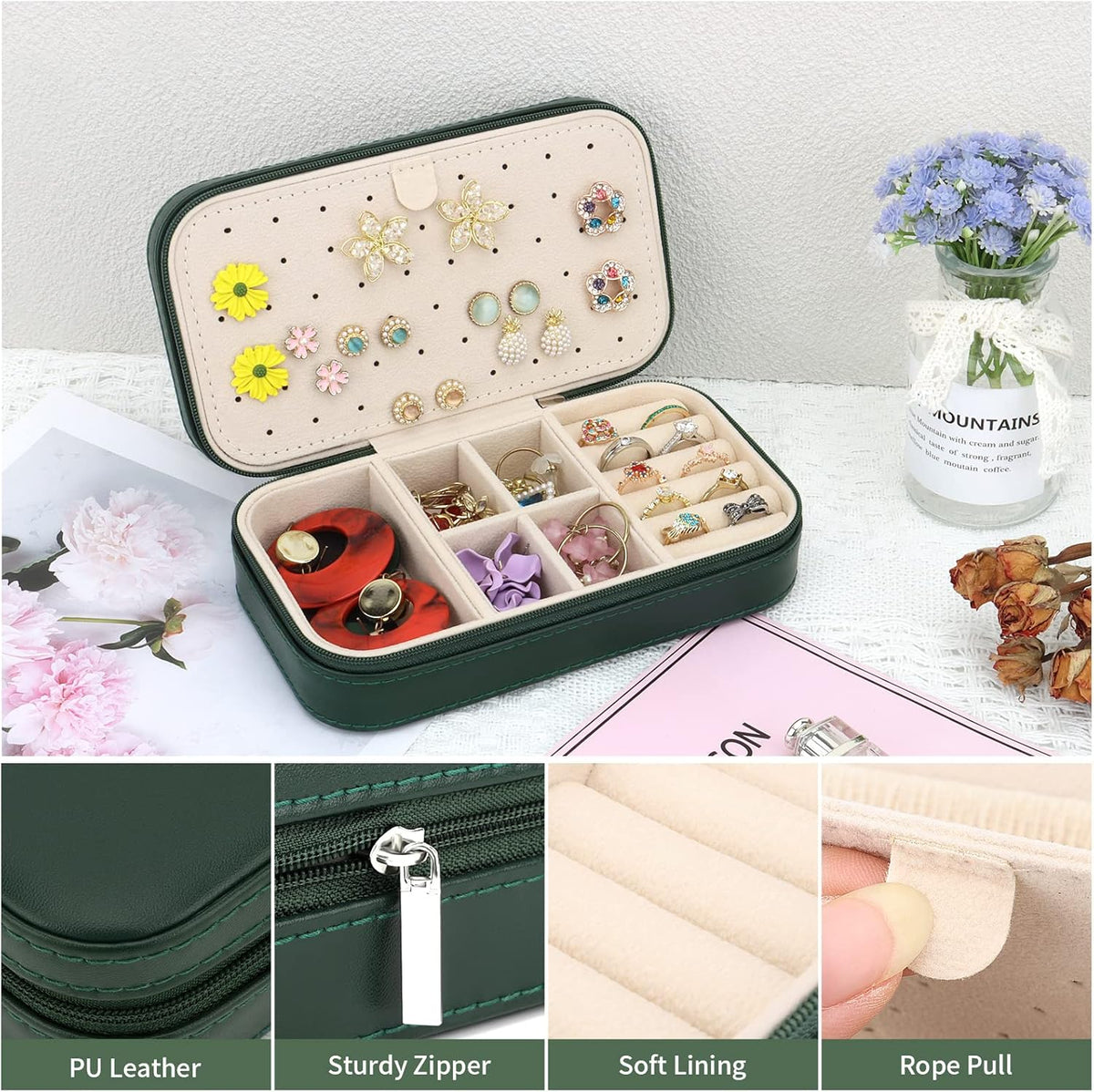Travel Jewelry Box, PU Leather Portable Jewelry Case, Small Jewelry Boxes for Gifts, Travel Jewelry Organizer for Women Rings Earrings Necklaces Bracelets (Gray)