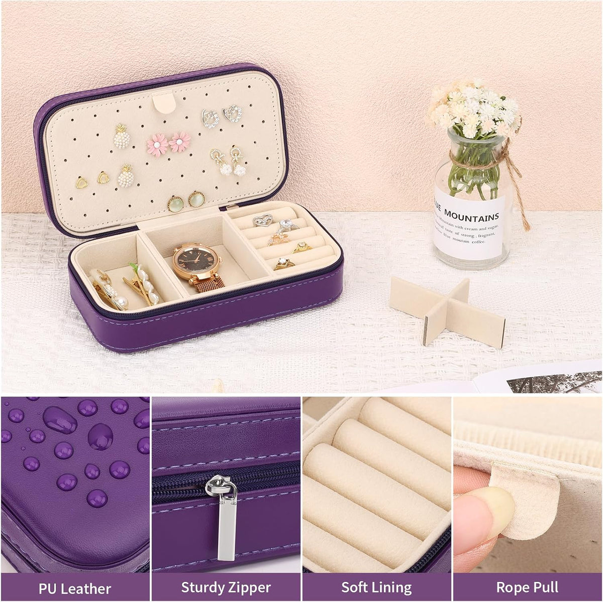 Travel Jewelry Box, PU Leather Portable Jewelry Case, Small Jewelry Boxes for Gifts, Travel Jewelry Organizer for Women Rings Earrings Necklaces Bracelets (Gray)