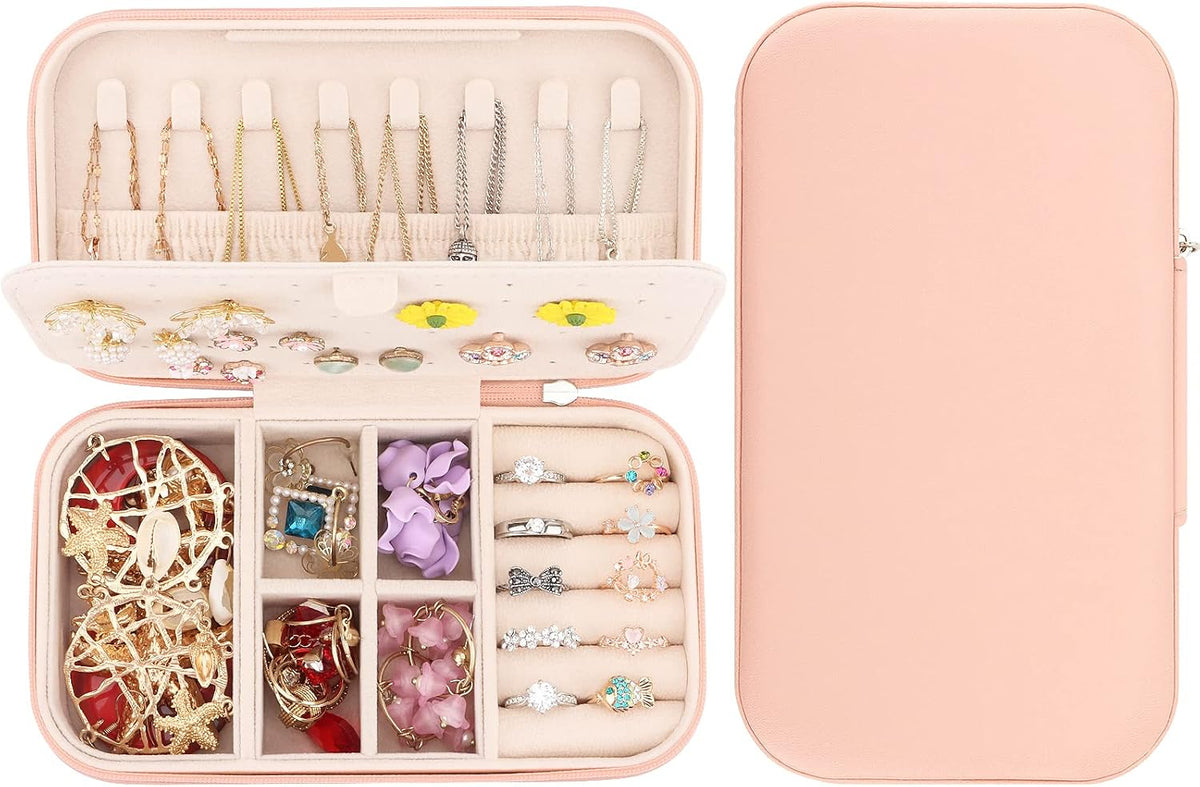 Travel Jewelry Box, PU Leather Portable Jewelry Case, Small Jewelry Boxes for Gifts, Travel Jewelry Organizer for Women Rings Earrings Necklaces Bracelets (Gray)