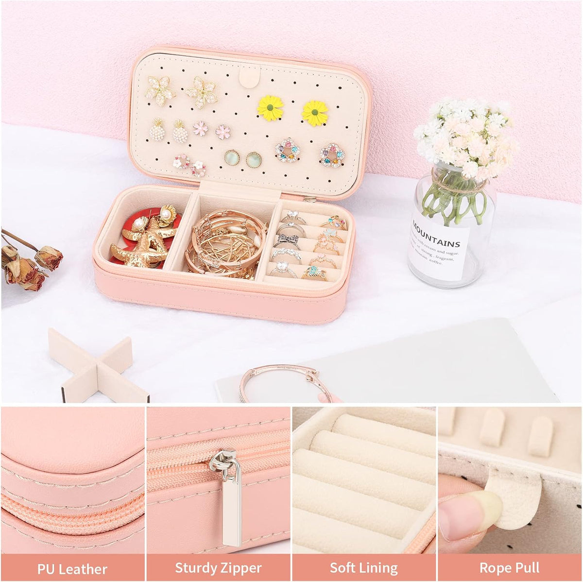 Travel Jewelry Box, PU Leather Portable Jewelry Case, Small Jewelry Boxes for Gifts, Travel Jewelry Organizer for Women Rings Earrings Necklaces Bracelets (Gray)