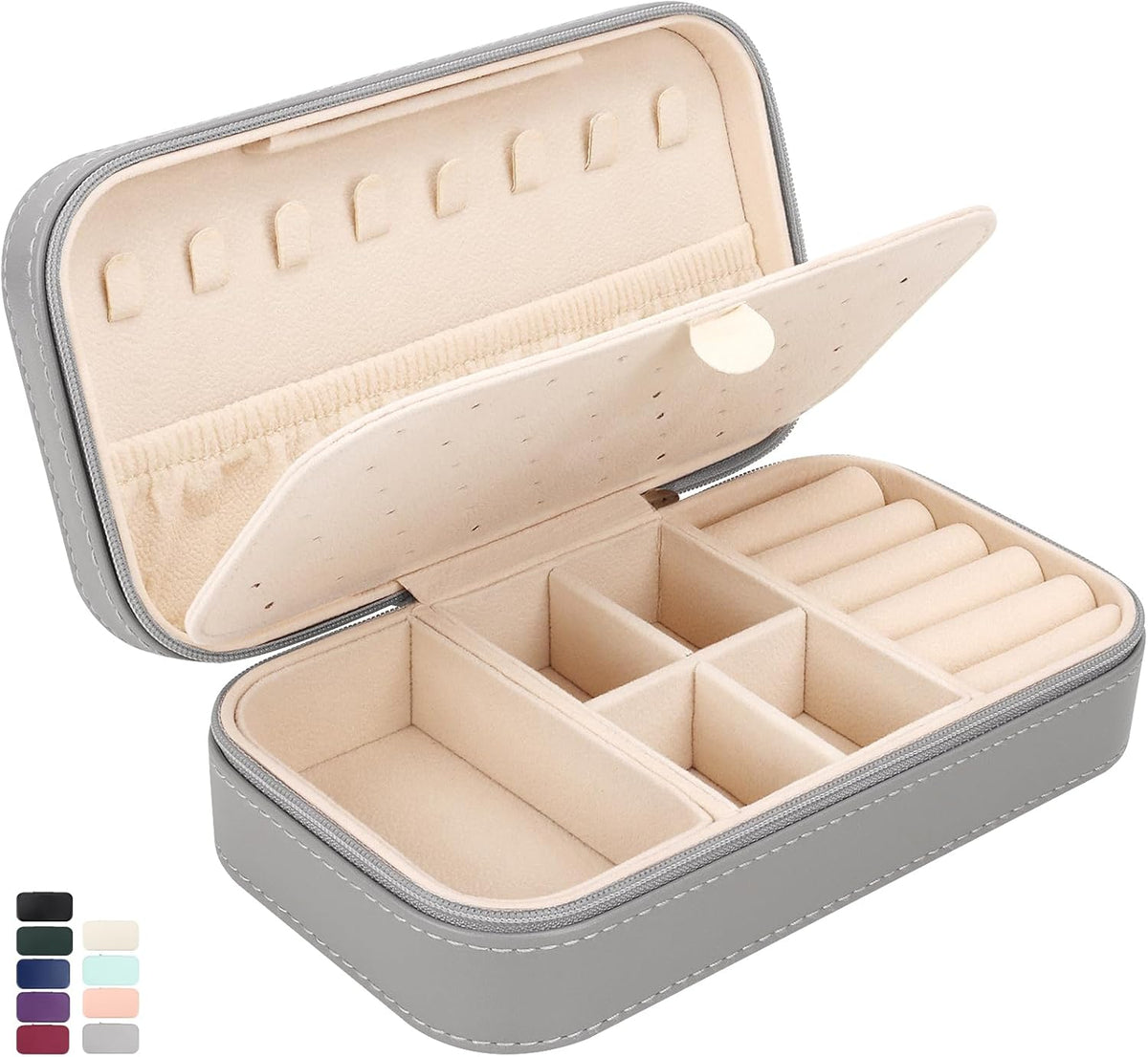 Travel Jewelry Box, PU Leather Portable Jewelry Case, Small Jewelry Boxes for Gifts, Travel Jewelry Organizer for Women Rings Earrings Necklaces Bracelets (Gray)