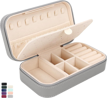 Travel Jewelry Box, PU Leather Portable Jewelry Case, Small Jewelry Boxes for Gifts, Travel Jewelry Organizer for Women Rings Earrings Necklaces Bracelets (Gray)