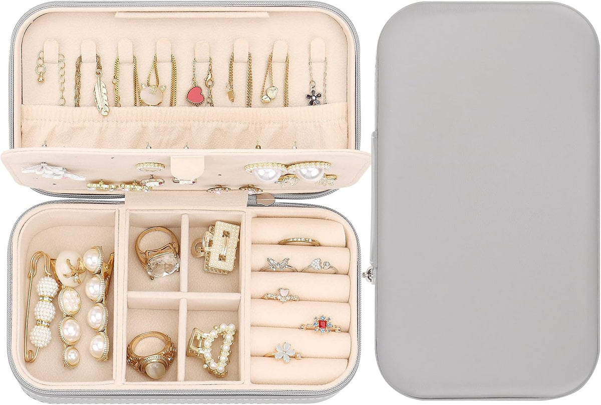 Travel Jewelry Box, PU Leather Portable Jewelry Case, Small Jewelry Boxes for Gifts, Travel Jewelry Organizer for Women Rings Earrings Necklaces Bracelets (Gray)