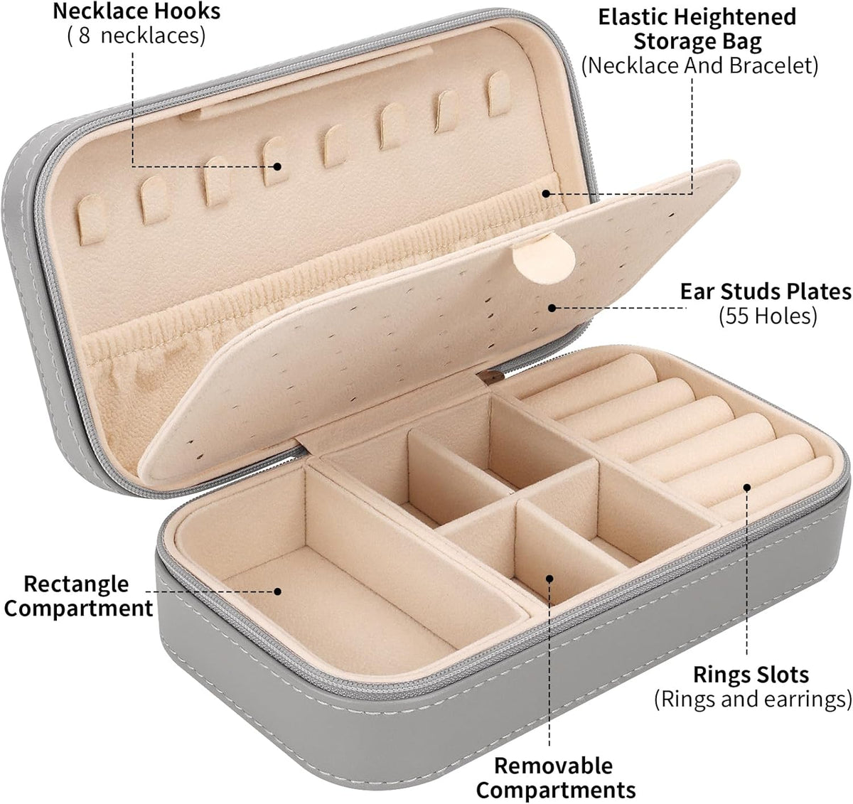Travel Jewelry Box, PU Leather Portable Jewelry Case, Small Jewelry Boxes for Gifts, Travel Jewelry Organizer for Women Rings Earrings Necklaces Bracelets (Gray)
