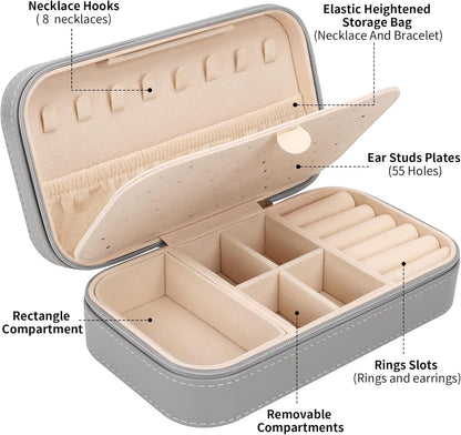 Travel Jewelry Box, PU Leather Portable Jewelry Case, Small Jewelry Boxes for Gifts, Travel Jewelry Organizer for Women Rings Earrings Necklaces Bracelets (Gray)