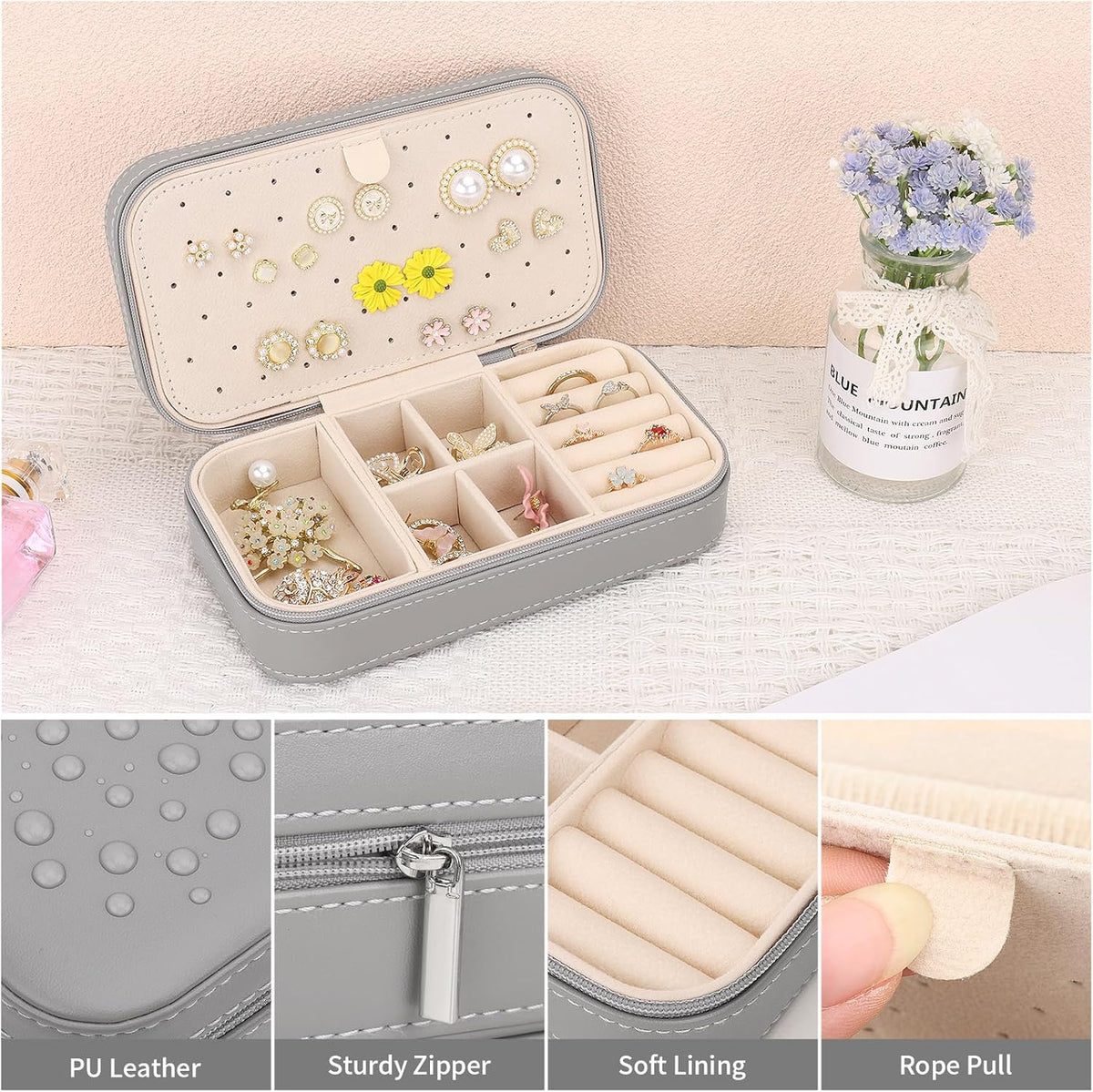 Travel Jewelry Box, PU Leather Portable Jewelry Case, Small Jewelry Boxes for Gifts, Travel Jewelry Organizer for Women Rings Earrings Necklaces Bracelets (Gray)