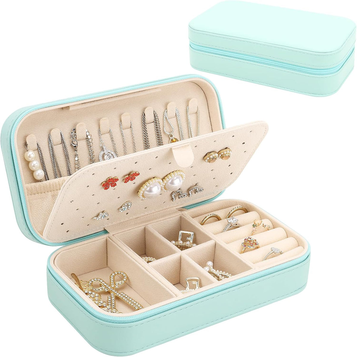 Travel Jewelry Box, PU Leather Portable Jewelry Case, Small Jewelry Boxes for Gifts, Travel Jewelry Organizer for Women Rings Earrings Necklaces Bracelets (Gray)