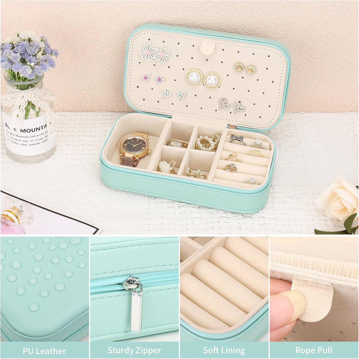 Travel Jewelry Box, PU Leather Portable Jewelry Case, Small Jewelry Boxes for Gifts, Travel Jewelry Organizer for Women Rings Earrings Necklaces Bracelets (Gray)