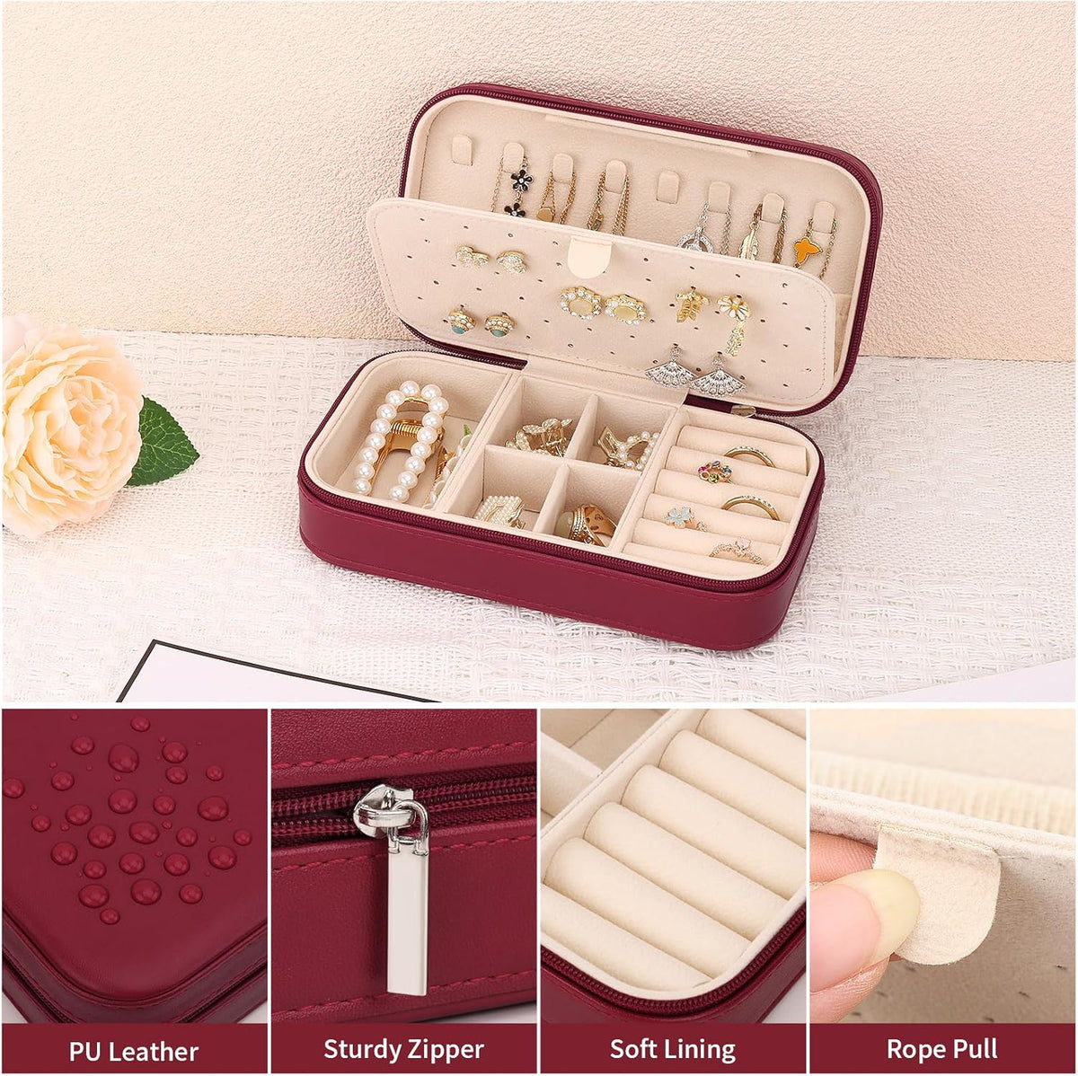 Travel Jewelry Box, PU Leather Portable Jewelry Case, Small Jewelry Boxes for Gifts, Travel Jewelry Organizer for Women Rings Earrings Necklaces Bracelets (Gray)