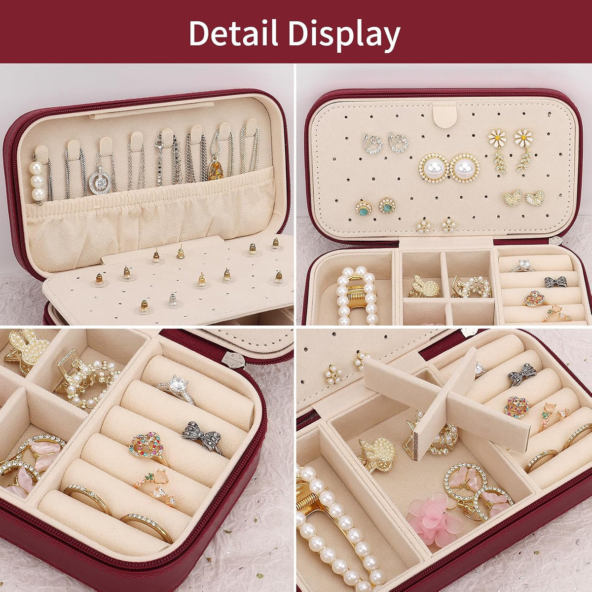 Travel Jewelry Box, PU Leather Portable Jewelry Case, Small Jewelry Boxes for Gifts, Travel Jewelry Organizer for Women Rings Earrings Necklaces Bracelets (Gray)