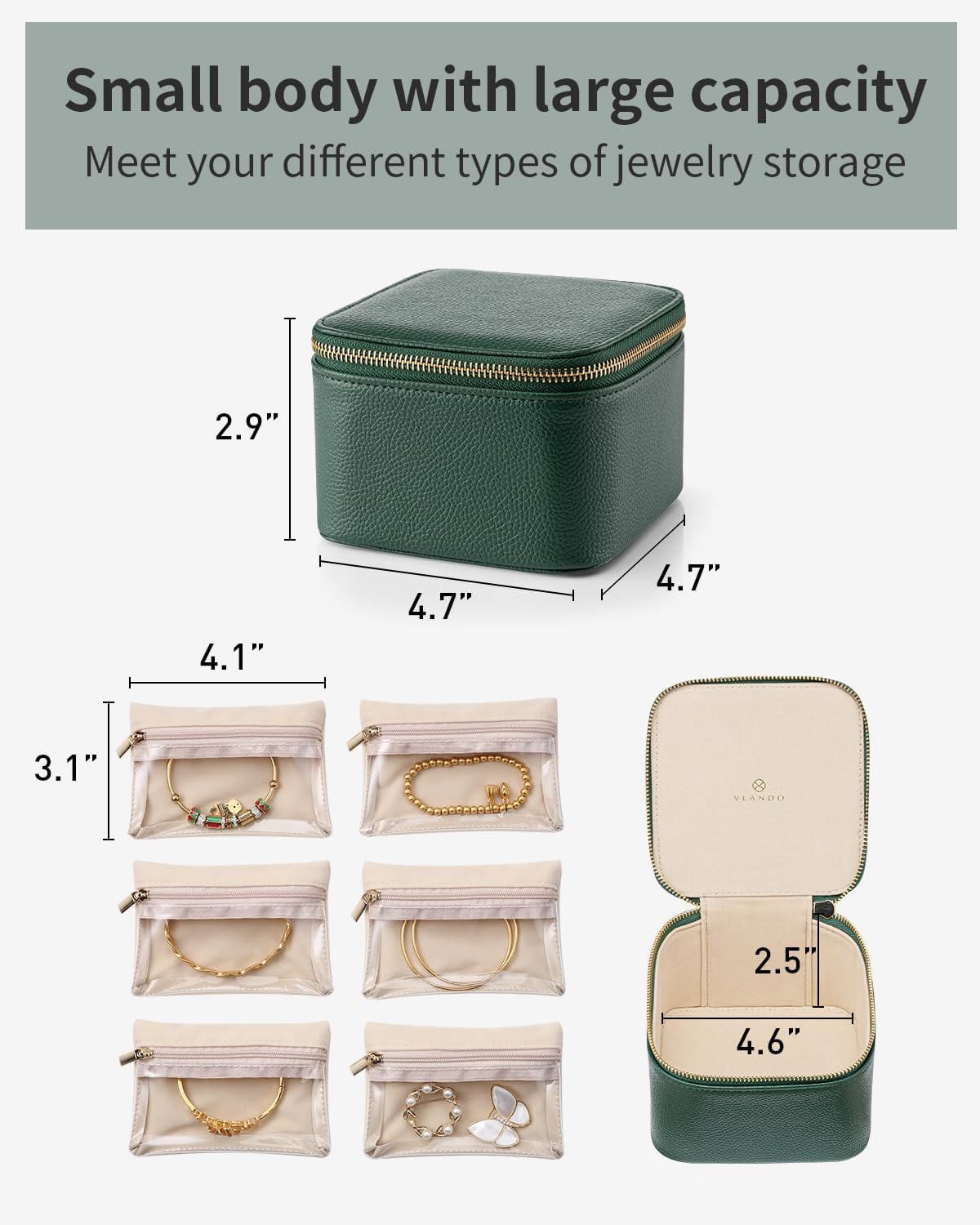 Jewelry Travel Case,Travel Jewelry Organizer with Clear Velvet Jewelry Bags Zipper Pouch for Women Girl Christmas Wedding Gift-Green