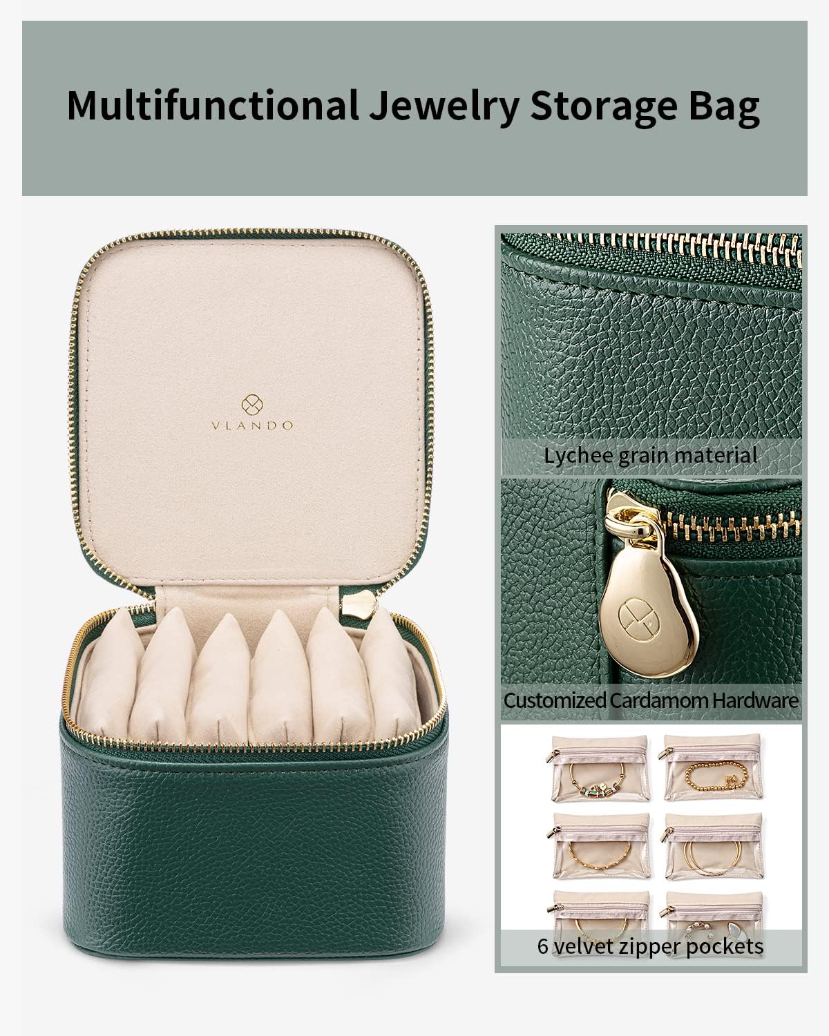 Jewelry Travel Case,Travel Jewelry Organizer with Clear Velvet Jewelry Bags Zipper Pouch for Women Girl Christmas Wedding Gift-Green