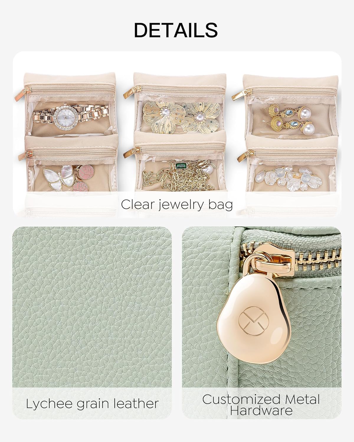 Jewelry Travel Case,Travel Jewelry Organizer with Clear Velvet Jewelry Bags Zipper Pouch for Women Girl Christmas Wedding Gift-Green