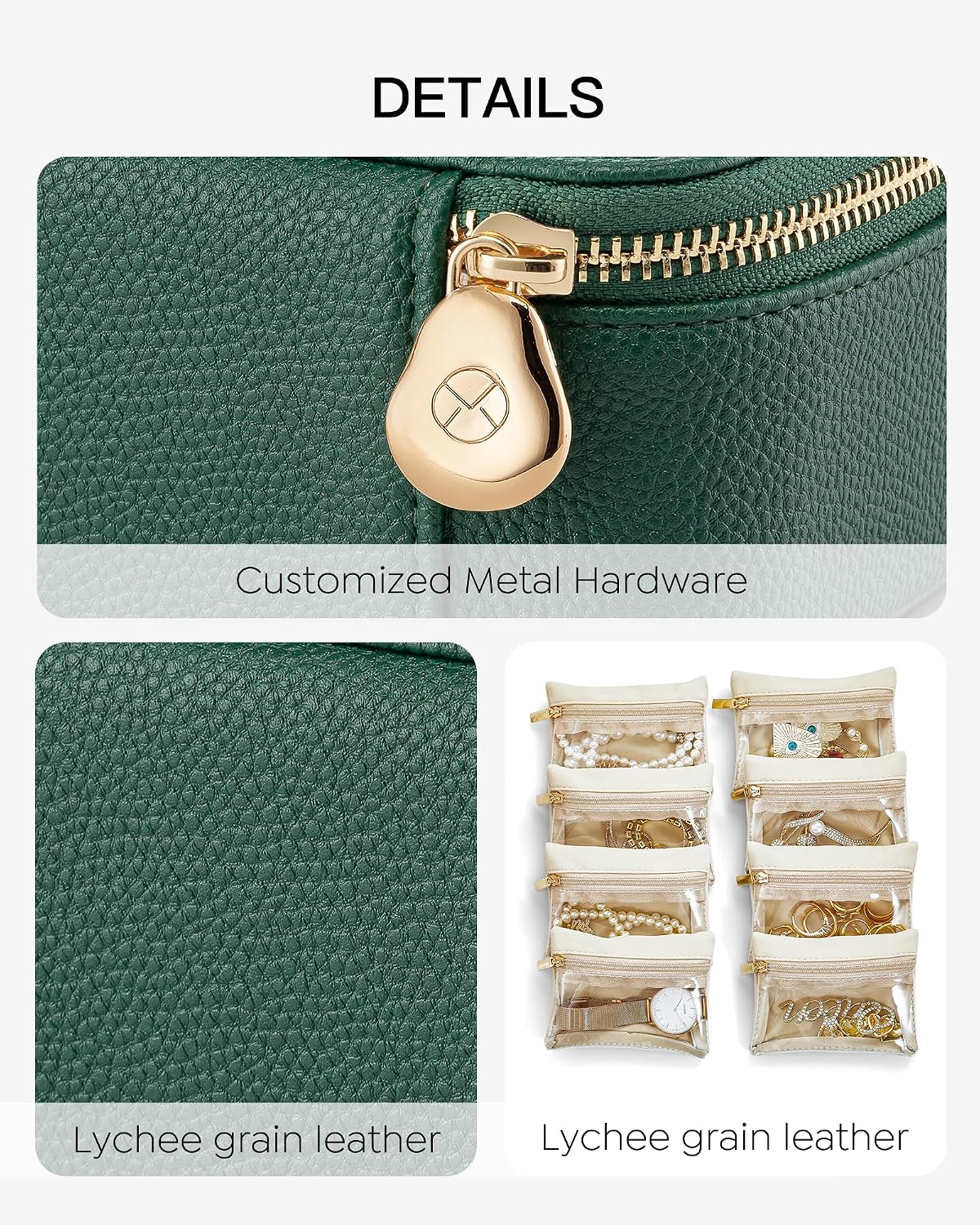Jewelry Travel Case,Travel Jewelry Organizer with Clear Velvet Jewelry Bags Zipper Pouch for Women Girl Christmas Wedding Gift-Green