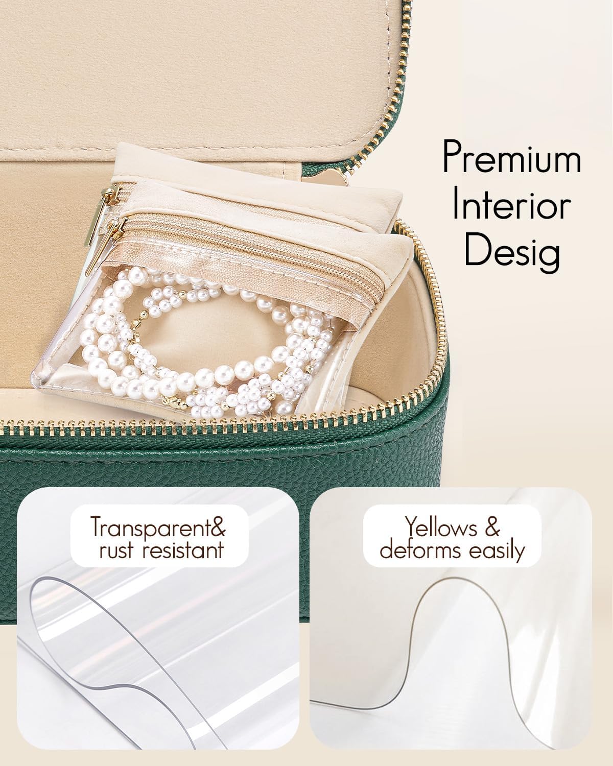 Jewelry Travel Case,Travel Jewelry Organizer with Clear Velvet Jewelry Bags Zipper Pouch for Women Girl Christmas Wedding Gift-Green