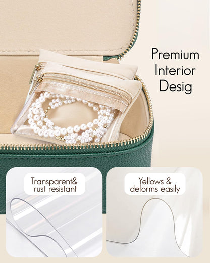 Jewelry Travel Case,Travel Jewelry Organizer with Clear Velvet Jewelry Bags Zipper Pouch for Women Girl Christmas Wedding Gift-Green