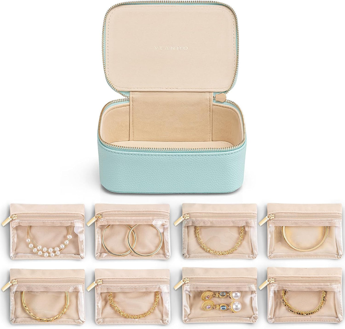 Jewelry Travel Case,Travel Jewelry Organizer with Clear Velvet Jewelry Bags Zipper Pouch for Women Girl Christmas Wedding Gift-Green