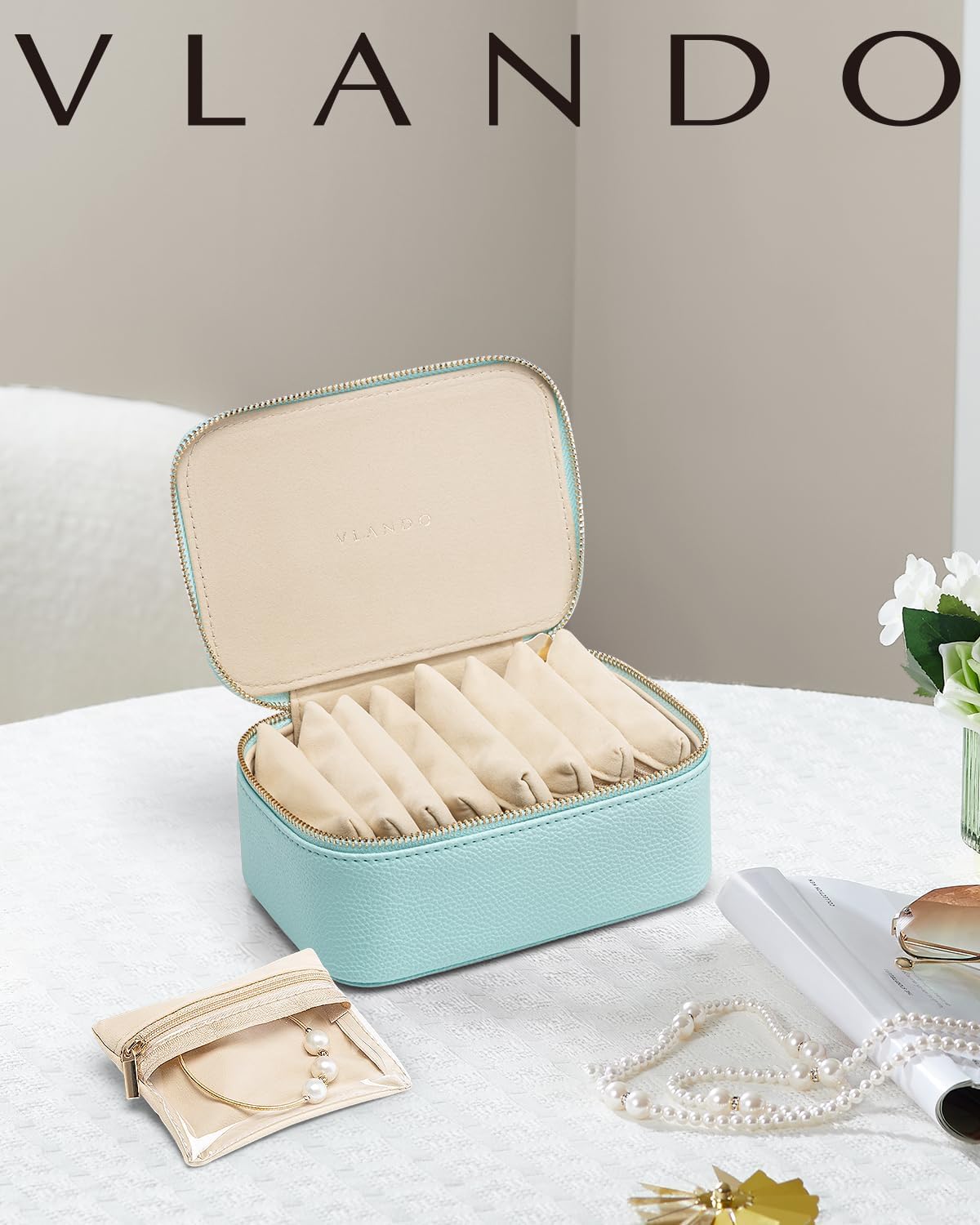Jewelry Travel Case,Travel Jewelry Organizer with Clear Velvet Jewelry Bags Zipper Pouch for Women Girl Christmas Wedding Gift-Green