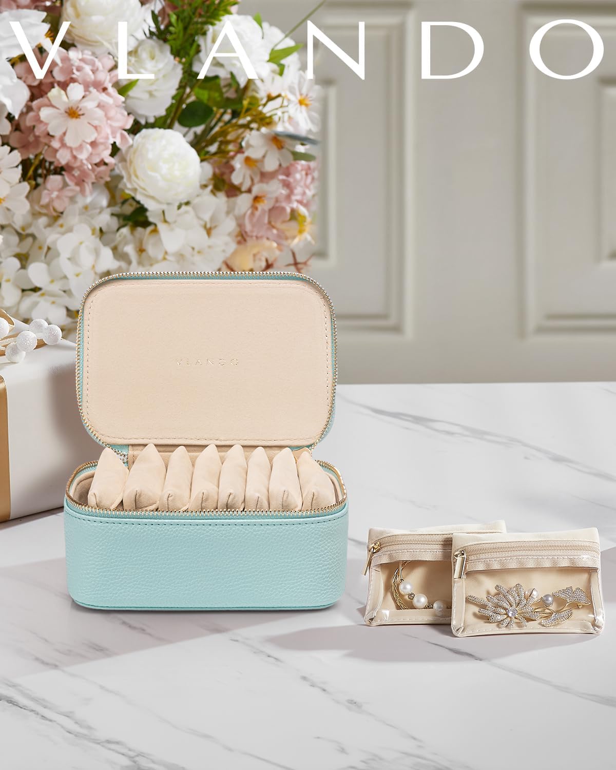 Jewelry Travel Case,Travel Jewelry Organizer with Clear Velvet Jewelry Bags Zipper Pouch for Women Girl Christmas Wedding Gift-Green