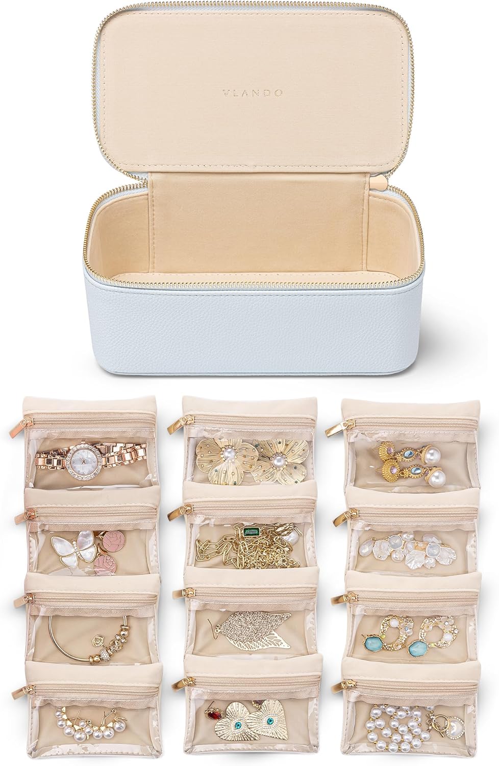 Jewelry Travel Case,Travel Jewelry Organizer with Clear Velvet Jewelry Bags Zipper Pouch for Women Girl Christmas Wedding Gift-Green