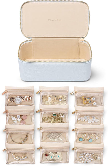 Jewelry Travel Case,Travel Jewelry Organizer with Clear Velvet Jewelry Bags Zipper Pouch for Women Girl Christmas Wedding Gift-Green