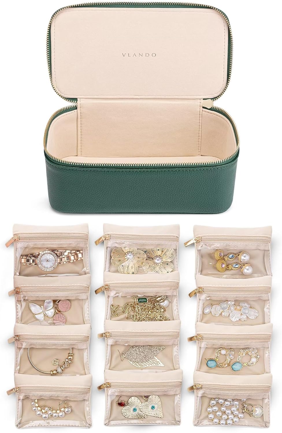 Jewelry Travel Case,Travel Jewelry Organizer with Clear Velvet Jewelry Bags Zipper Pouch for Women Girl Christmas Wedding Gift-Green