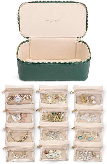 Jewelry Travel Case,Travel Jewelry Organizer with Clear Velvet Jewelry Bags Zipper Pouch for Women Girl Christmas Wedding Gift-Green