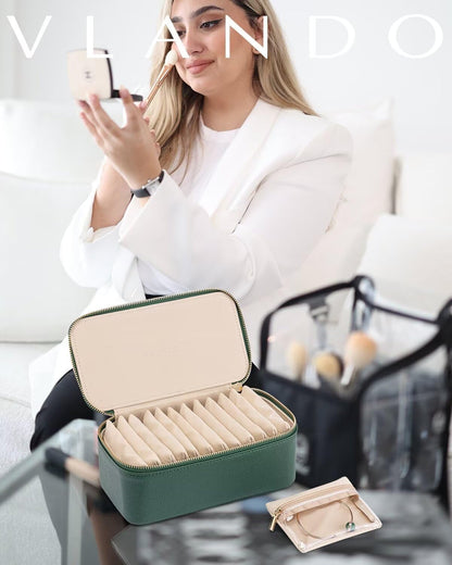 Jewelry Travel Case,Travel Jewelry Organizer with Clear Velvet Jewelry Bags Zipper Pouch for Women Girl Christmas Wedding Gift-Green
