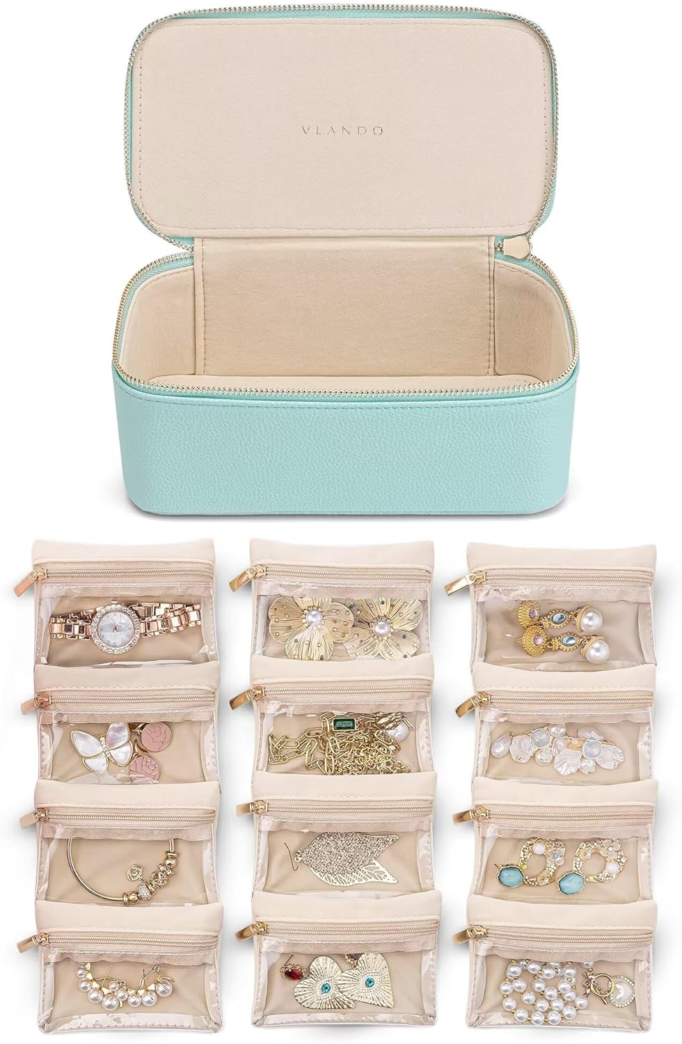 Jewelry Travel Case,Travel Jewelry Organizer with Clear Velvet Jewelry Bags Zipper Pouch for Women Girl Christmas Wedding Gift-Green