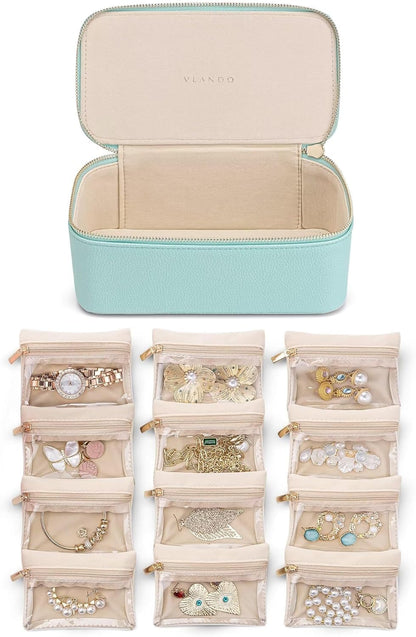 Jewelry Travel Case,Travel Jewelry Organizer with Clear Velvet Jewelry Bags Zipper Pouch for Women Girl Christmas Wedding Gift-Green