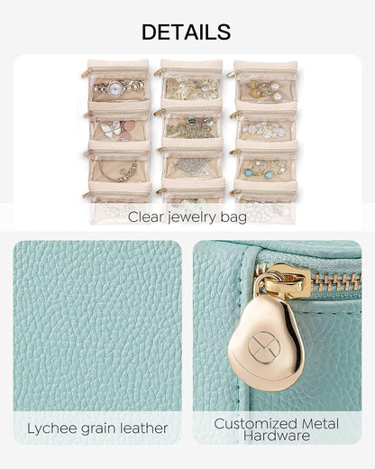 Jewelry Travel Case,Travel Jewelry Organizer with Clear Velvet Jewelry Bags Zipper Pouch for Women Girl Christmas Wedding Gift-Green
