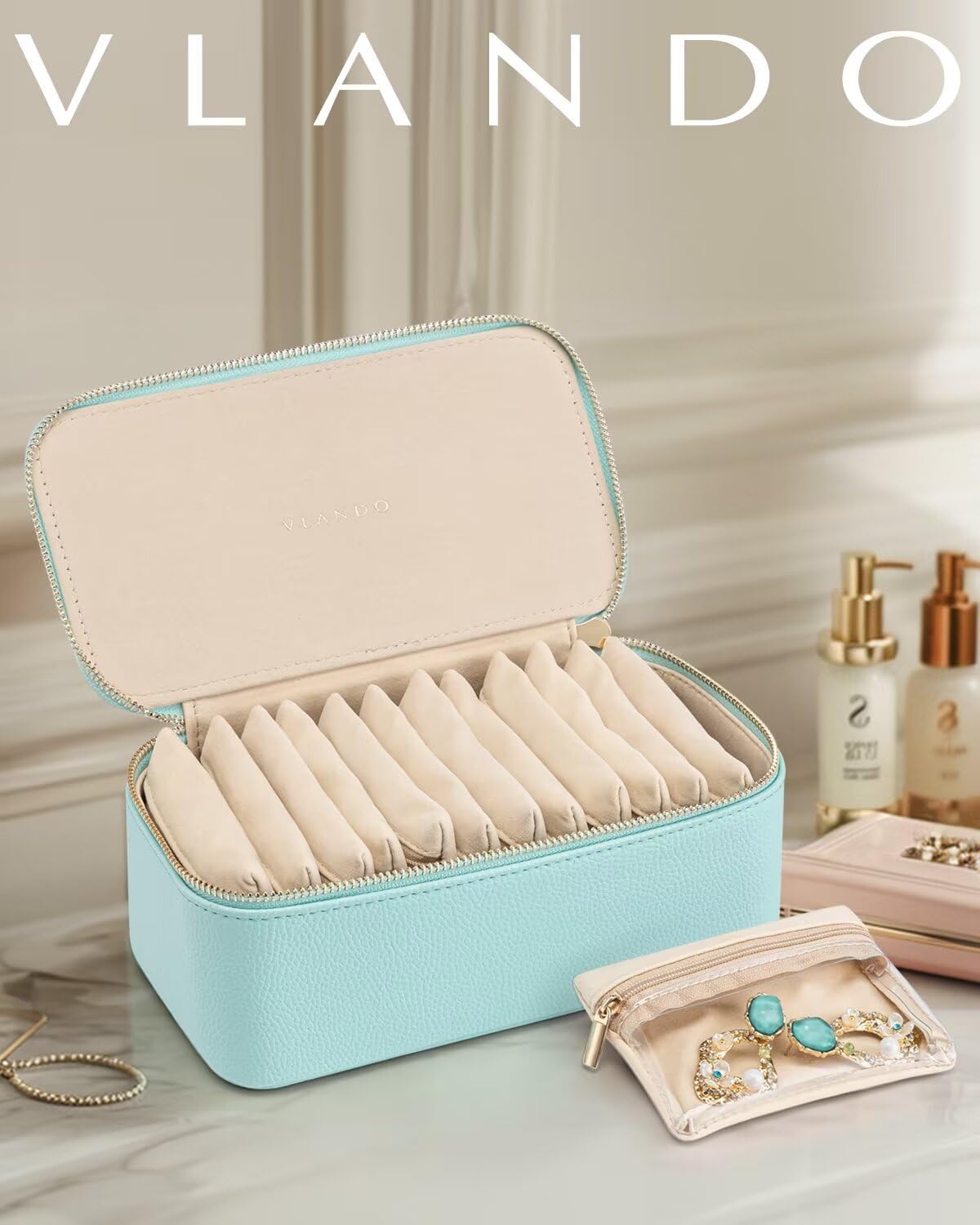 Jewelry Travel Case,Travel Jewelry Organizer with Clear Velvet Jewelry Bags Zipper Pouch for Women Girl Christmas Wedding Gift-Green