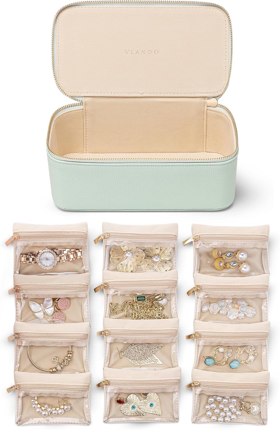 Jewelry Travel Case,Travel Jewelry Organizer with Clear Velvet Jewelry Bags Zipper Pouch for Women Girl Christmas Wedding Gift-Green