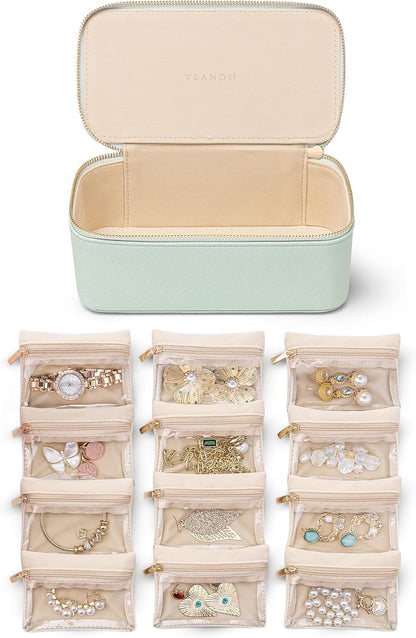 Jewelry Travel Case,Travel Jewelry Organizer with Clear Velvet Jewelry Bags Zipper Pouch for Women Girl Christmas Wedding Gift-Green