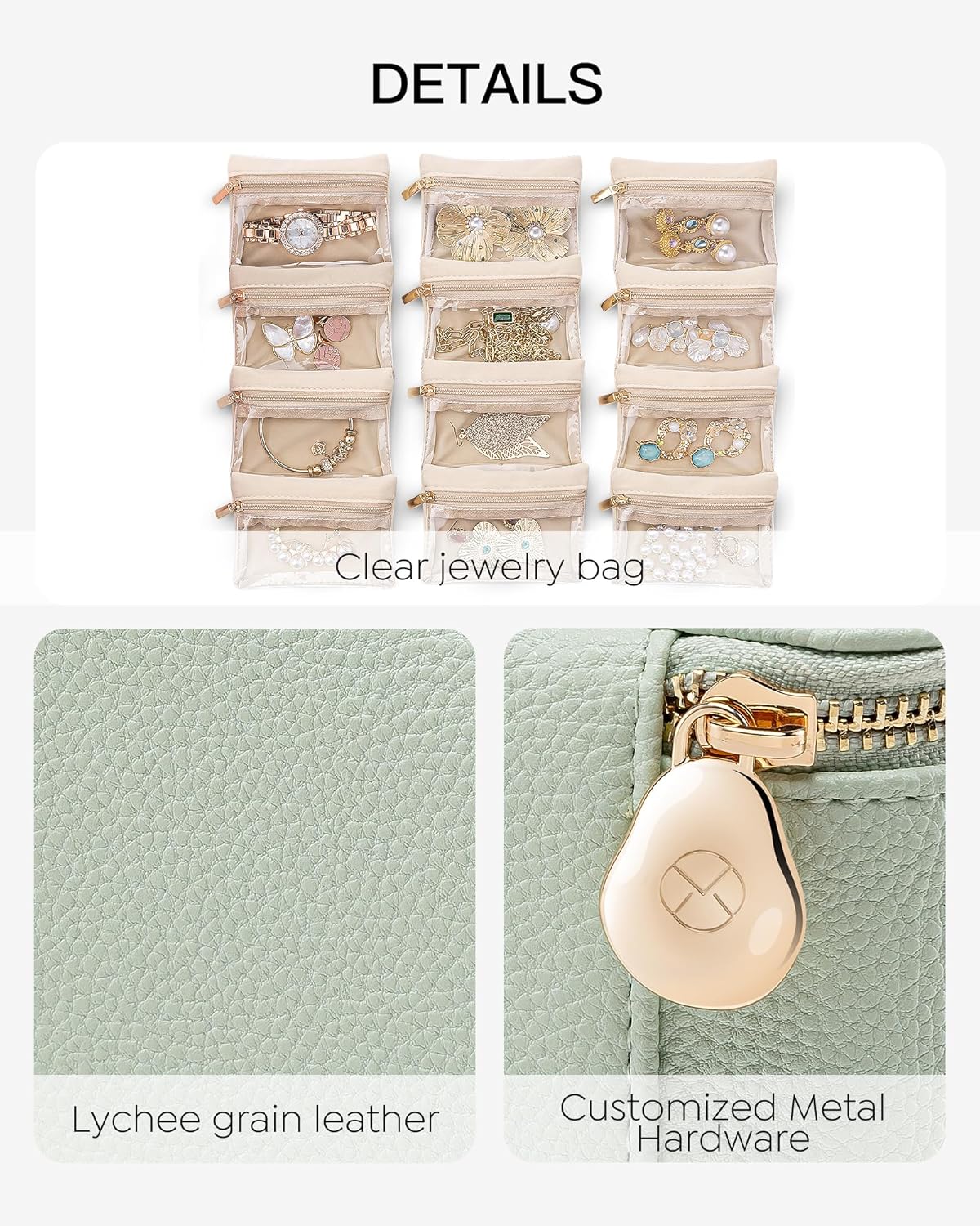 Jewelry Travel Case,Travel Jewelry Organizer with Clear Velvet Jewelry Bags Zipper Pouch for Women Girl Christmas Wedding Gift-Green