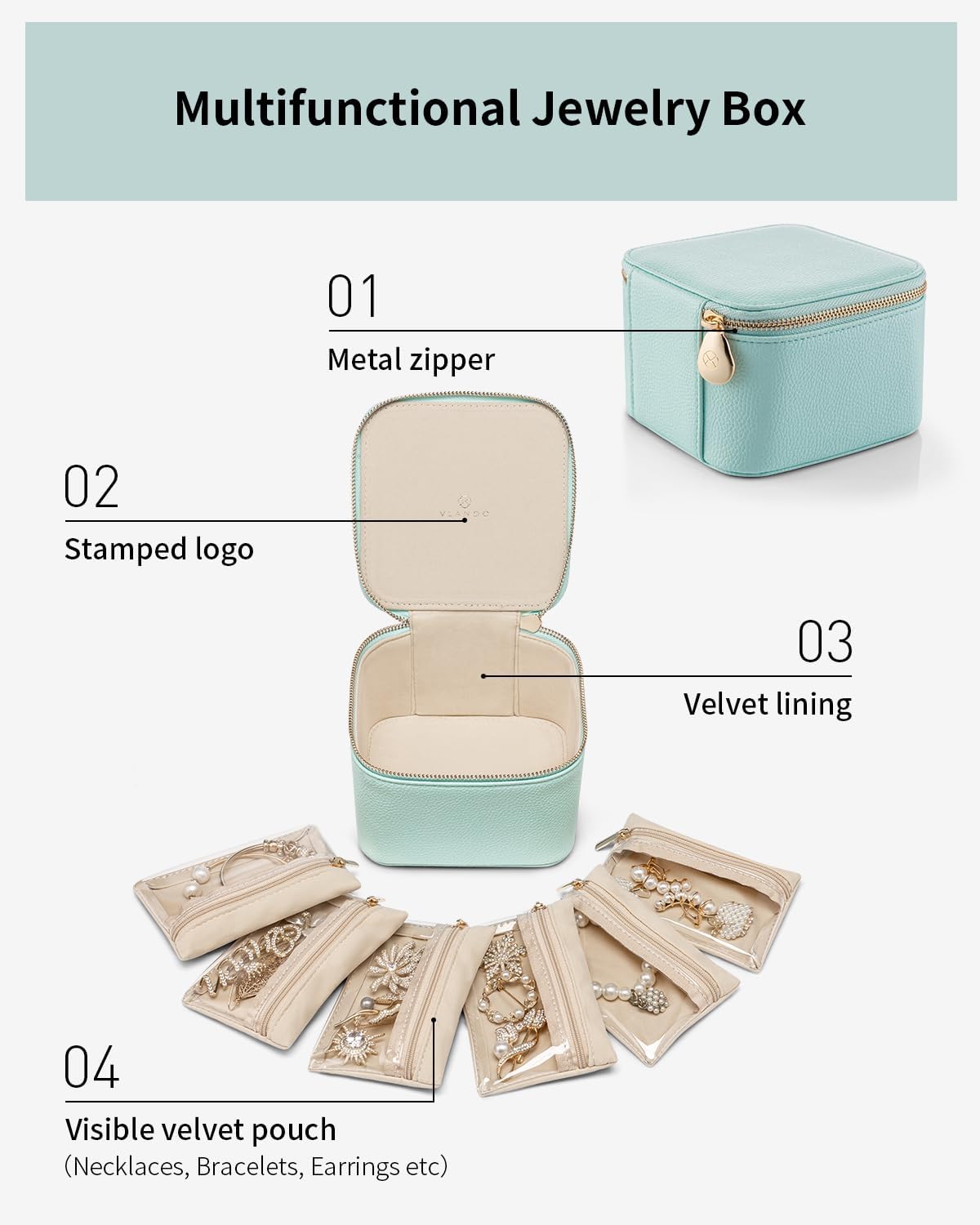 Jewelry Travel Case,Travel Jewelry Organizer with Clear Velvet Jewelry Bags Zipper Pouch for Women Girl Christmas Wedding Gift-Green