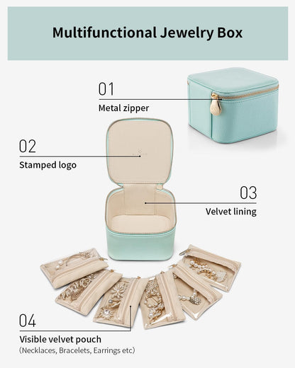 Jewelry Travel Case,Travel Jewelry Organizer with Clear Velvet Jewelry Bags Zipper Pouch for Women Girl Christmas Wedding Gift-Green
