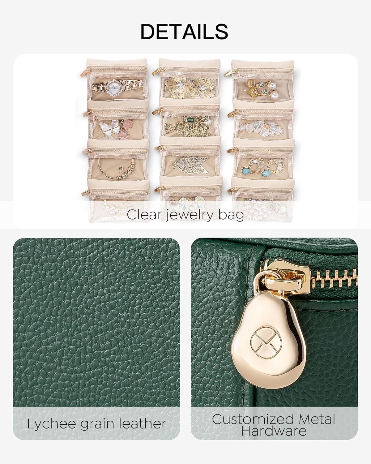 Jewelry Travel Case,Travel Jewelry Organizer with Clear Velvet Jewelry Bags Zipper Pouch for Women Girl Christmas Wedding Gift-Green