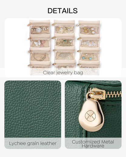 Jewelry Travel Case,Travel Jewelry Organizer with Clear Velvet Jewelry Bags Zipper Pouch for Women Girl Christmas Wedding Gift-Green