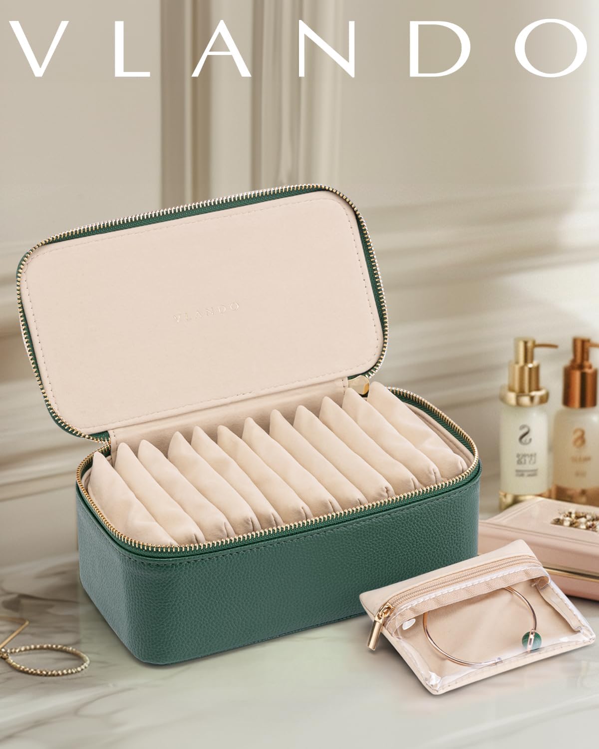 Jewelry Travel Case,Travel Jewelry Organizer with Clear Velvet Jewelry Bags Zipper Pouch for Women Girl Christmas Wedding Gift-Green