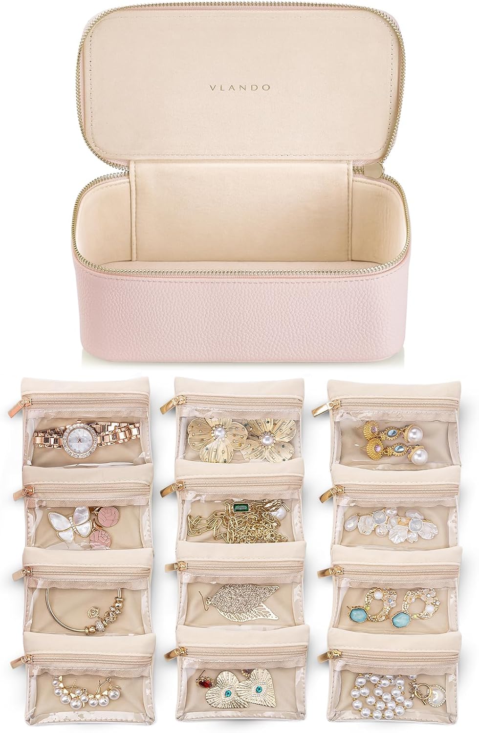 Jewelry Travel Case,Travel Jewelry Organizer with Clear Velvet Jewelry Bags Zipper Pouch for Women Girl Christmas Wedding Gift-Green
