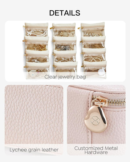 Jewelry Travel Case,Travel Jewelry Organizer with Clear Velvet Jewelry Bags Zipper Pouch for Women Girl Christmas Wedding Gift-Green