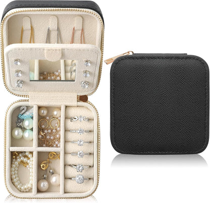 Genuine Leather Travel Jewelry Organizer Case with Mirror for Women, Small Mini Portable Jewelry Box for Earring, Ring, Necklace, Bracelet（Mint Green）